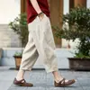 Estilo Novo de Verão 2026 Calças Cropped 100% Algodão, Calças de Linho de Algodão Finas e Largas com Cintura Elástica, Artísticas e Versáteis