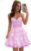 Vestido Corto de Encaje sin Tirantes Estilo Francés con Volantes en Capas y Falda de Pastel, Adecuado para Exámenes de Arte, Anfitrionas y Actuaciones en Escenario