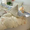 Conjunto de cama de algodão acolchoado Classe A com quatro peças, capa de edredom de desenho animado fresca, estilo lençol com elástico, conjunto de três peças para dormitório estudantil
