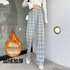 Pantalones de Cuadros con Forro Polar para Mujer, Otoño e Invierno de Cintura Alta Cálidos Gruesos Rectos, Pantalones de Borrego, Se Pueden Usar Afuera, Pantalones de Cuadros de Pierna Ancha