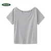 Camiseta corta gris de manga corta, holgada y con hombros descubiertos para mujer, casual y elegante, adecuada para primavera y verano, con diseño de hombros caídos