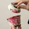 Flor de Peonía Azul y Blanco Roca Mineral Blanca Tazón Cubierto de Tres Talentos Juego de Té Kung Fu Taza de Té Hogareño Retro Cerámica Tazón de Té con Tapa
