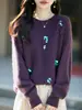 Suéter de Tricô com Gola Redonda de Lã Cashmere Novo Outono/Inverno 2026 Manga Longa Feminino Uva Com Contas Suéter Top de Lã Escovada