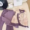 Traje Nuevo Estilo Chino para Niñas Invierno 2025 Nuevo Estilo Nacional Chaleco de Algodón Suéter Engrosado Pantalones Forrados de Felpa Conjunto de Tres Piezas