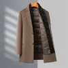 Casaco de Lã Masculino para Inverno, Engrossado com Gola Cachecol, Forro de Plumas, Comprimento Médio, Lã Dupla Face, Blazer de Lã para o Pai