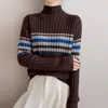 Suéter de Punto Canalé Rayado Bloque de Color Cuello Semi Alto Estilo Coreano para Mujer, Estilo Perezoso, Versátil, Engrosado, Suéter Base Cálido, Moderno
