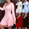 Foto Oficial Color Puro Cuello en V Manga Larga Estilo Falda Midi Elegante para el Trabajo Cintura Media Vestido