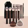 Venda quente transfronteiriça conjunto de pincéis de maquiagem de 13 peças com tubo de alumínio marrom + bolsa de pano + 2 esponjas de pó triangulares marrons + caixa Em estoque