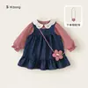 Conjunto Infantil You Bao Roupa Infantil para Jardim de Infância Camisa Xadrez com Gola de Boneca Saia Jeans Franzida Conjunto de Duas Peças para Meninas
