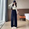 Pantalones de pana azul marino de pierna ancha con cintura alta, efecto adelgazante, diseño casual de pierna recta y un toque de forro de terciopelo.