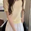 Top de punto bordado con lazo retorcido azul para mujer, de manga corta, camiseta de verano única y súper elegante