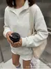 Sudadera de otoño para mujer, camiseta base informal holgada de peso pesado, nueva tendencia 2026, top gris claro con media cremallera y cuello alto
