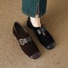 40-43 plus size comércio exterior salto grosso fivela de cinto boca profunda sapatos únicos francês retro ovelha torneamento couro dois-usando bico redondo sapatos de salto médio
