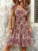 Vestido retro de hojas verdes con estampado cruzado, cuello en V, ceñido a la cintura, con cintura elástica plisada, manga corta, minivestido de vacaciones