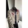 Chaqueta de Cuero para Motocicleta con Cuello Alto de Bloques de Color Americano Retro para Hombre Otoño Tie-Dye Desgastada Fresca de Moda Marca Traje de Vuelo Chaqueta