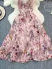 Vestido Largo Estilo Bohemio de Gasa Estampada con Tirantes Finos y Cuello en V Adelgazante Línea A Ropa Elegante para Mujer Vestido