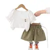 Traje de verano de manga corta Ropa infantil coreana para niñas bebé casual flor tridimensional manga corta fino de dos piezas venta directa