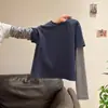 Camiseta de Manga Larga Rayada Azul Marino Retro Americana Falsa de Dos Piezas para Mujer 2025 Otoño e Invierno Nueva Superior Delgado y Holgado