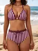 Shencai Estilo Europeu e Americano Transfronteiriço Conjunto de Biquíni Sexy de Cintura Baixa com Listras Color Block Rosa e Marrom Tk532