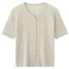 26 Nuevo Estilo de Verano Cárdigan de Punto Lyocell Lino Cuello en V Manga Corta para Mujer Color Sólido Rayas Holgado y Versátil