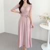 2025 Nuevo Verano Chic Coreano Simple Elegante Cuello en V Look Adelgazante Tirantes Vestido Midi para Mujer
