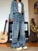Jeans rectos de pierna ancha para mujer, estilo retro americano, lavados, con botones diagonales, diseño único, holgados, casual, versátiles.