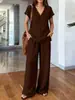 Moda feminina europeia e americana verão novo estilo casual gola V solto cor sólida manga curta calça comprida terno feminino de verão