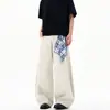 Calça Casual Lktm Masculina Cinza Bege Paris Lavado Design de Lenço Quadrado Removível Calça de Pernas Largas Unissex