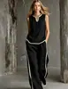 Tk Conjunto de Moda Feminina Europeia e Americana Novo, Simples e Elegante, Top sem Mangas e Calça de Perna Larga, Conjunto Casual de Duas Peças Solto e Emagrecedor