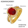 Anillo de lujo francés retro con circón ovalado y diamantes engastados en fila, chapado en oro auténtico de 18 quilates, de acero titanio, estilo cortesano.