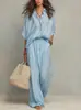 Conjunto Casual Simple de Camisa de Manga Corta de Botones y Pantalón de Pierna Ancha de Algodón y Lino para Mujer, Nuevo, Transfronterizo Europeo y Americano 2026