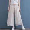 Calça larga bordada plus size 100kg perna larga, de algodão e linho, estilo retrô artístico para o verão, calça cropped casual estilo étnico para mulheres