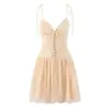Estilo Ballet Francés Sexy Hottie Cuello en V Encaje Bordado Cintura Ceñida Lazos Cruzados Falda Abullonada Vestido de Tirantes