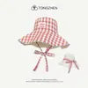 Nuevo Sombrero de Pescador Coreano Estilo Ins a Cuadros con Cordones para Mujer Verano Viaje al Aire Libre Ala Grande Doble Cara Protección Solar