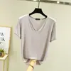 Modal Camisa de manga curta feminina de verão com decote em V, camiseta interna fina e emagrecedora, top solto de cor sólida e tamanho grande