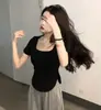 Verano 2023 Nuevo Top para Niña Ajustado Ajuste Ceñido Estilo Puro Deseo Cuello en U Grande Irregular de Manga Corta Camiseta para Mujer ins