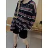 Cárdigan de punto de seda helada con rayas de colores contrastantes, prenda exterior superior para mujer, verano, holgado, relajado, manga larga, cubre-todo, camiseta
