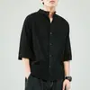 Camisa de Lino Estilo Chino para Hombre Camisa Blanca de Manga Corta Chaqueta Casual Holgada de Algodón y Lino para Verano Top de Manga Tres Cuartos para Hombre