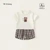 Bangxuan Roupa Infantil Verão Camiseta de Urso Shorts Xadrez de Manga Curta para Crianças Conjunto de Duas Peças para Bebê Menino Roupa para Meninos