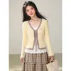 Cardigan Tejido Retro de Bloques de Color con Encaje de Ganchillo, Cardigan Delgado Tejido con Cierre de Corbata y Recorte de Corazón
