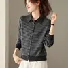 2026 Novo Cardigan Jaqueta de Tricô Listrado Elegante de Gola Camisa para Outono e Primavera para Mulheres Baixas