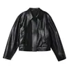 Chaqueta de cuero negra para mujer con un toque vintage de alta gama, con cuello de solapa y un diseño corto estilo biker