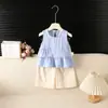 Novo Conjunto de Verão Fofo Sem Mangas para Bebês Meninas, Camisa Boneca Xadrez Fresca com Ombros Largos e Calça Cropped Conjunto de Duas Peças