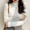 Camiseta de Manga Larga con Cuello Medio Francés para Mujer Otoño e Invierno Lija Cálida Ajustada Estilo Coreano Camisa Básica Versátil