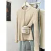 Tricô com Gola Redonda Canelada de Manga Longa Feminino Estilo Novo Primavera Outono Macio Grudento Ajuste Slim Camada Base Suéter Top