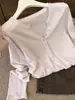Suéter de tricô rosa com botões de concha, gola V, mangas compridas para mulheres, estilo coreano de outono, caimento suave e relaxado, solto e modelador, top com colarinho meio aberto