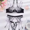 Nuevo conjunto de lencería INS europeo y americano transfronterizo sexy de malla transparente con corazón bordado y adornos de diamantes de imitación