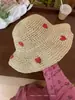 Sombrero de paja lindo estilo coreano ins de corazón de cereza para mujer, verano, vacaciones en la playa, ala ancha, sombrero para el sol, sombrero de paja trenzada para mujer