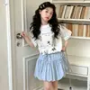 Conjunto de Camiseta de Encaje de Manga Corta y Falda Tutú para Niñas Estilo Verano 2026 para Niños Mayores Dulce Top de Dibujos Animados y Falda Corta