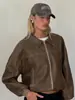 Jaqueta de Couro PU com Lapela Retro Europeia e Americana Venda Quente Transfronteiriça Feminina Solta com Zíper Estilo Rua Americano Jaqueta de Couro para Motocicleta Roupa Exterior
